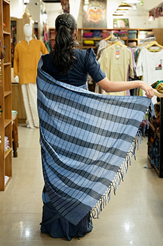 Blue Base Black Check Saree