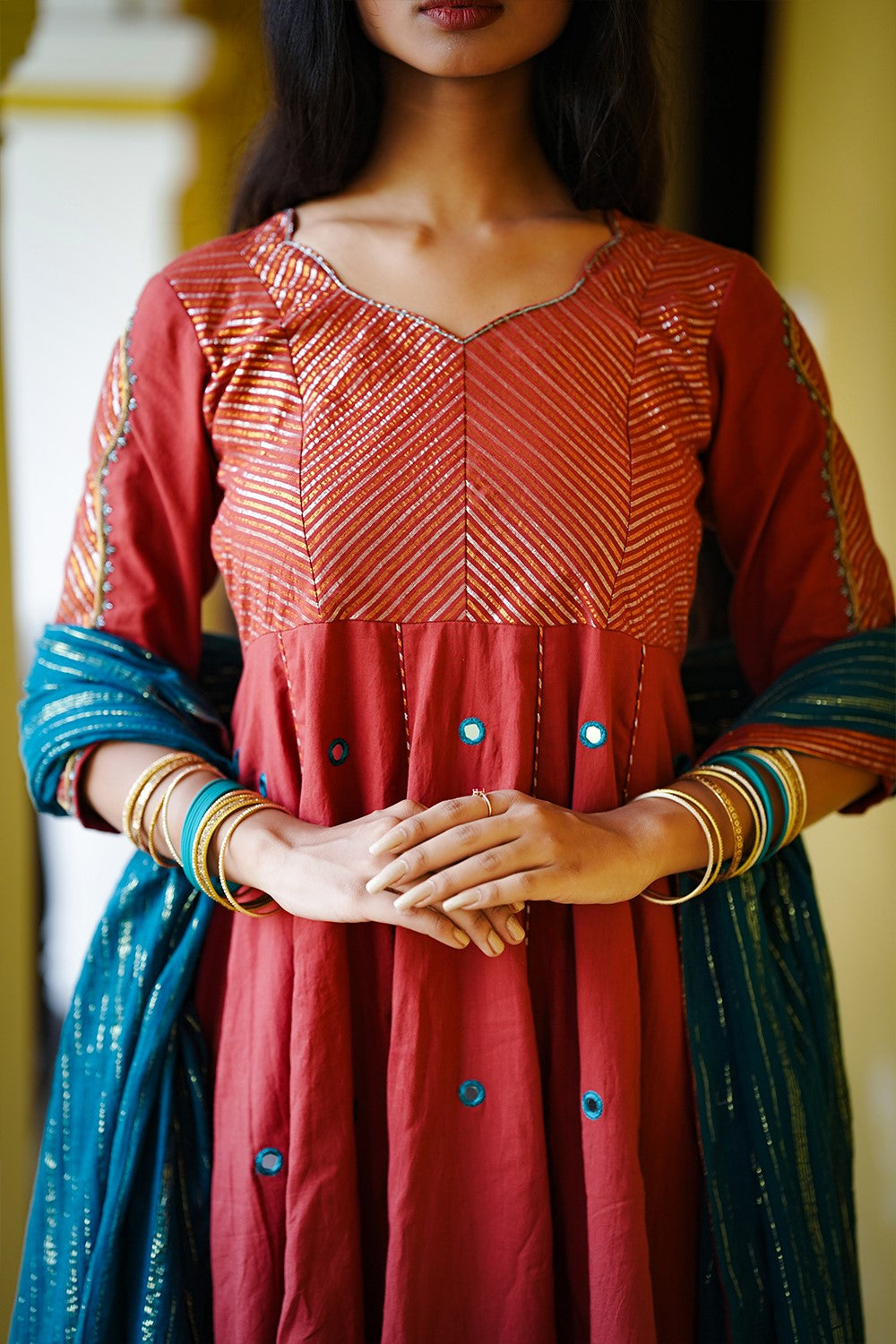 Burnt Orange Anarkali Set with Embroidery Sleeves