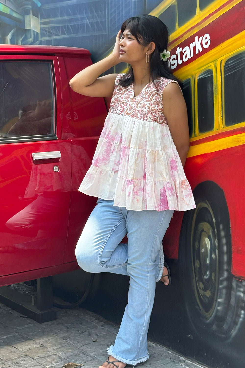 Sanganeri Shibori Peach & White Tired Sleeveless Top