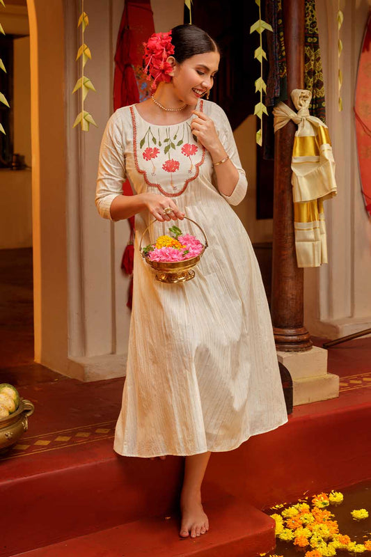 Hibiscus Handpainted Offwhite A line Gathered Dress