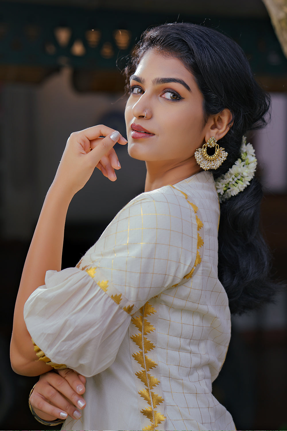 Off White 3 Panel Dress with kasavu Temple Seam