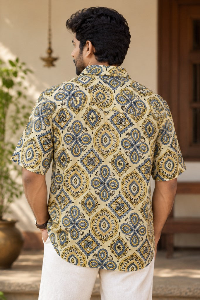 Beige Base Yellow & Blue Print Modal Silk Shirt