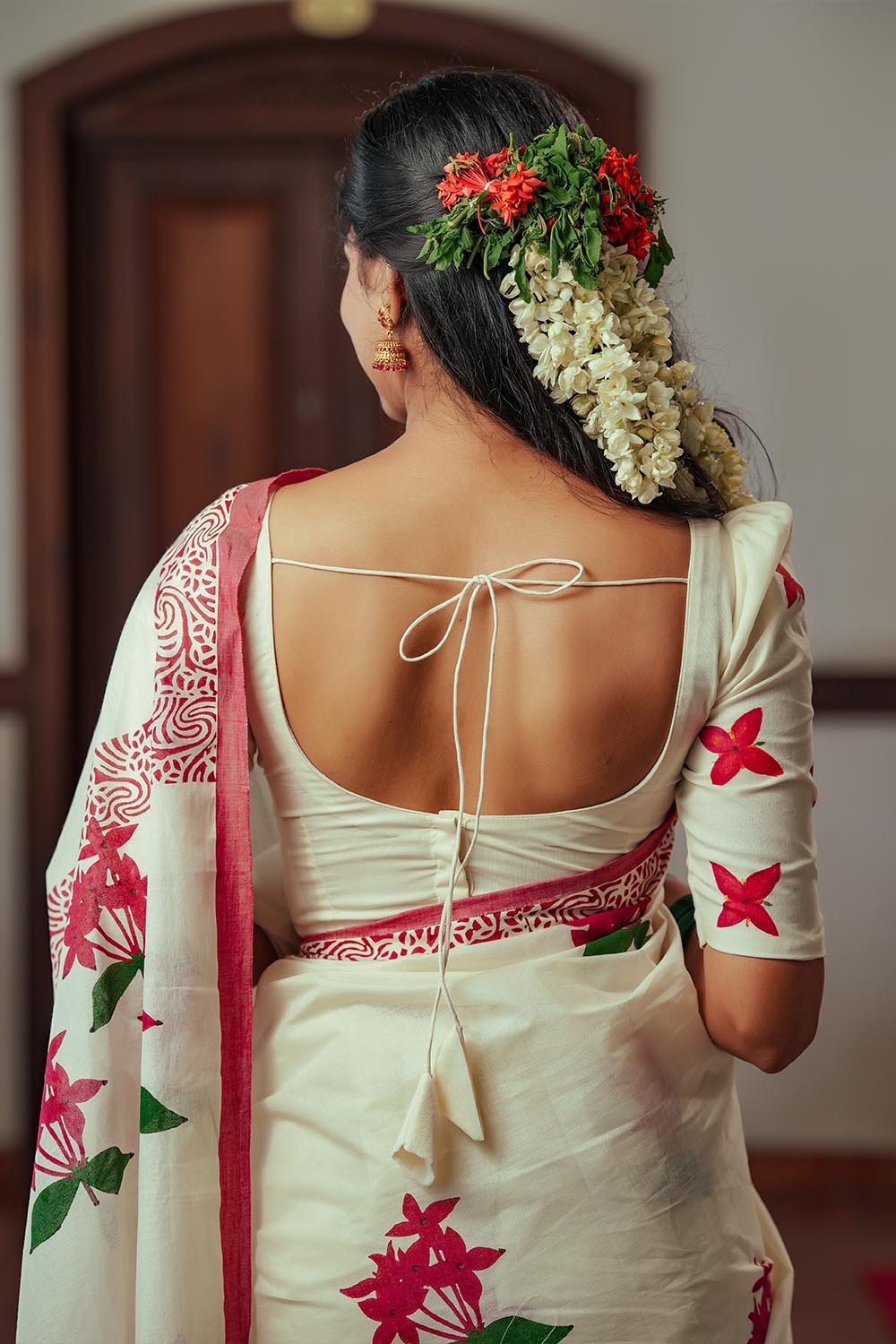 Off white set saree with Handblocked Chethipoov