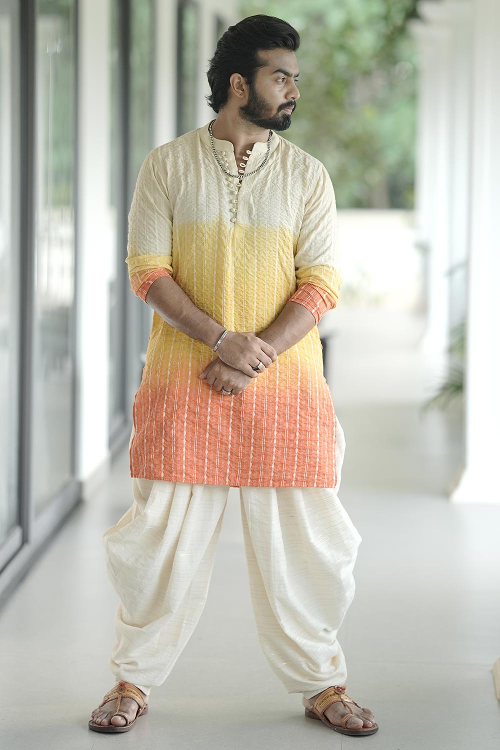 Dyed Orange & Yellow Off-White Kurta