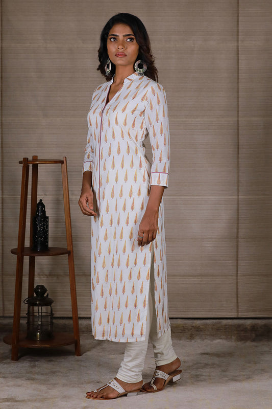 Floral Hand Block Printed White Straight Cut Kurti