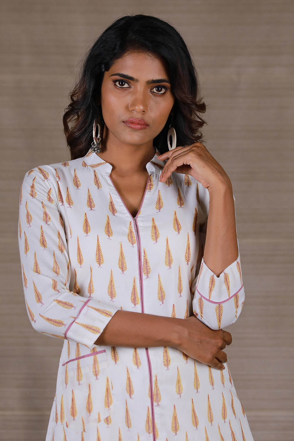Floral Hand Block Printed White Straight Cut Kurti