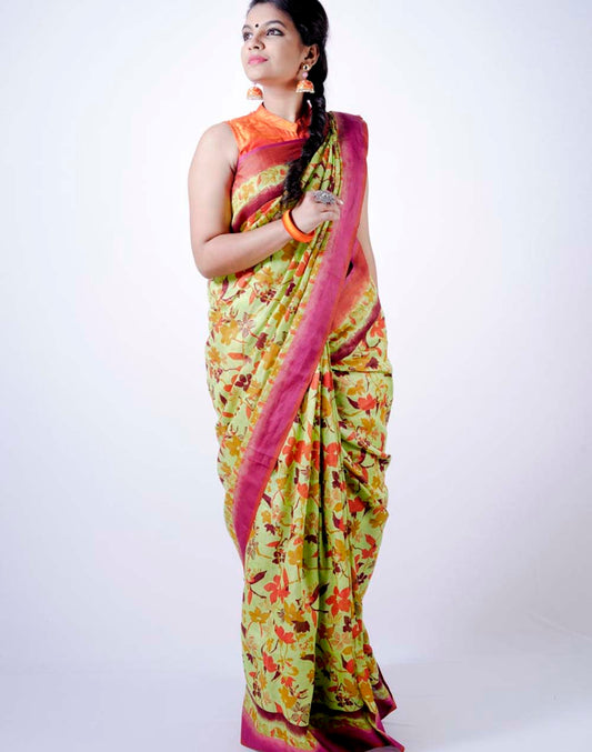 Linen By Linen Green With Violet Floral Hand printed Saree
