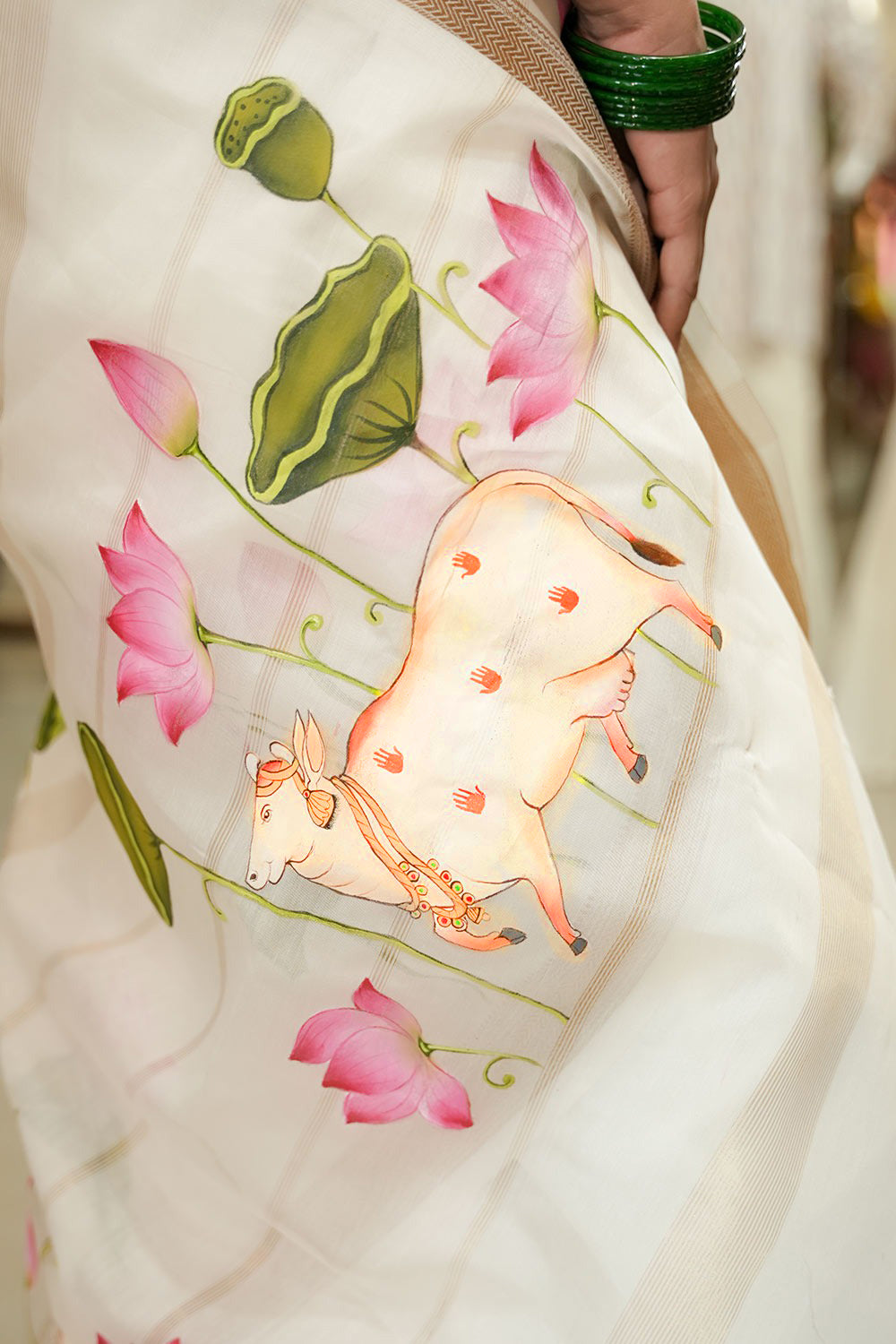 Lotus Hand Painted Maheswari Silk Saree
