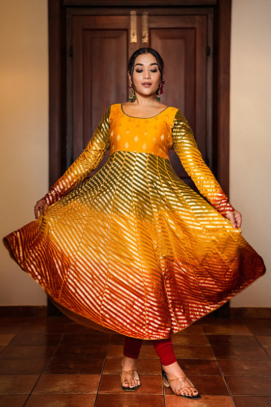 Yellow Green Orange & Golden Chanderi Silk Anarkali