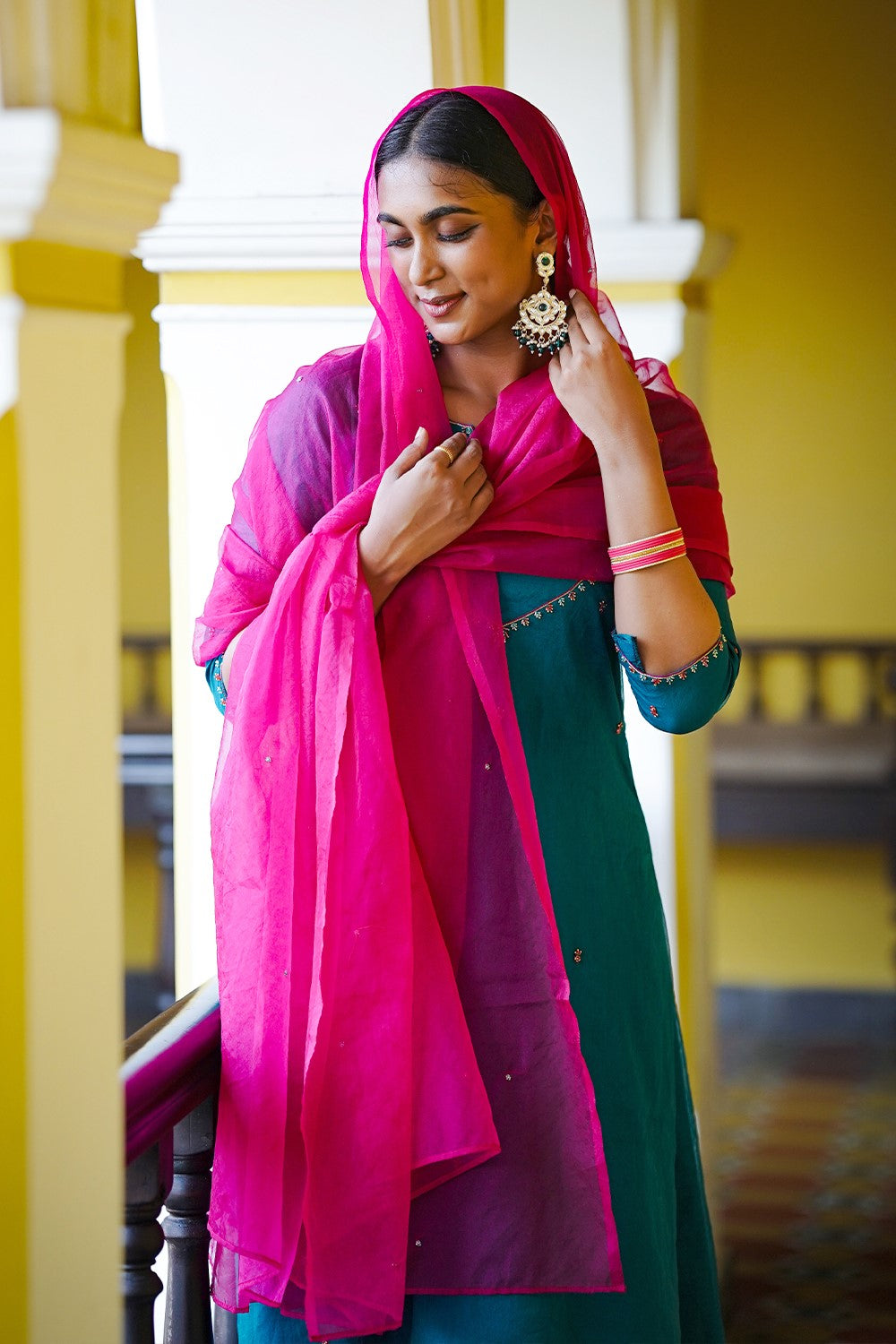 Teal Blue Chanderi Handwork A Line Kurthi