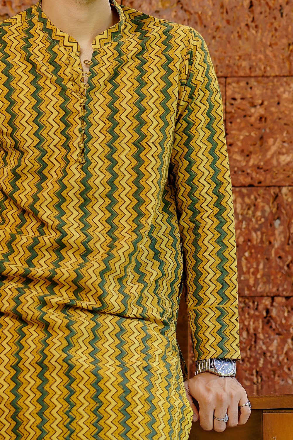Ajrakh Yellow Base Zigzag Long Kurtha