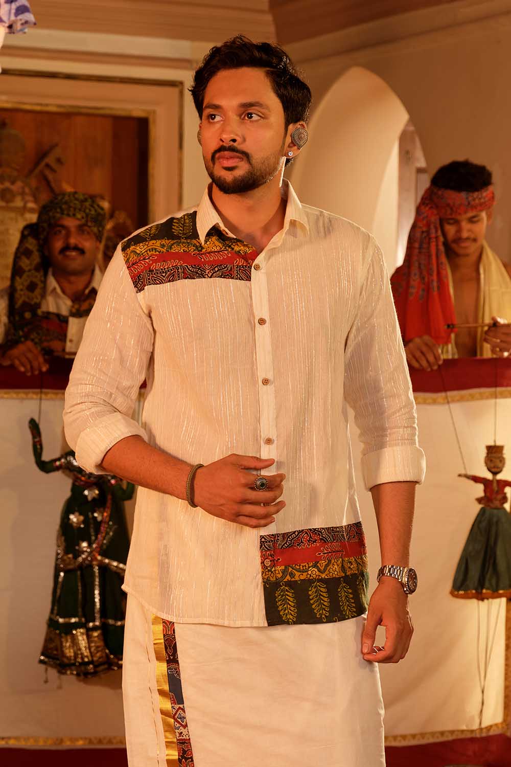 Golden & Silver Full Sleeve Off-White Shirt With Ajrakh Patch