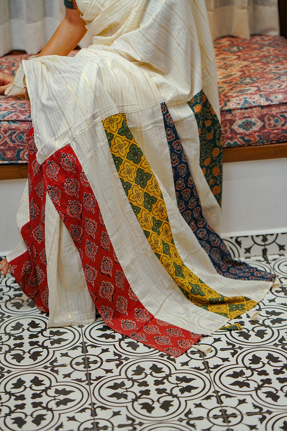 Off White Ajrakh Multi Colour Pleated Saree