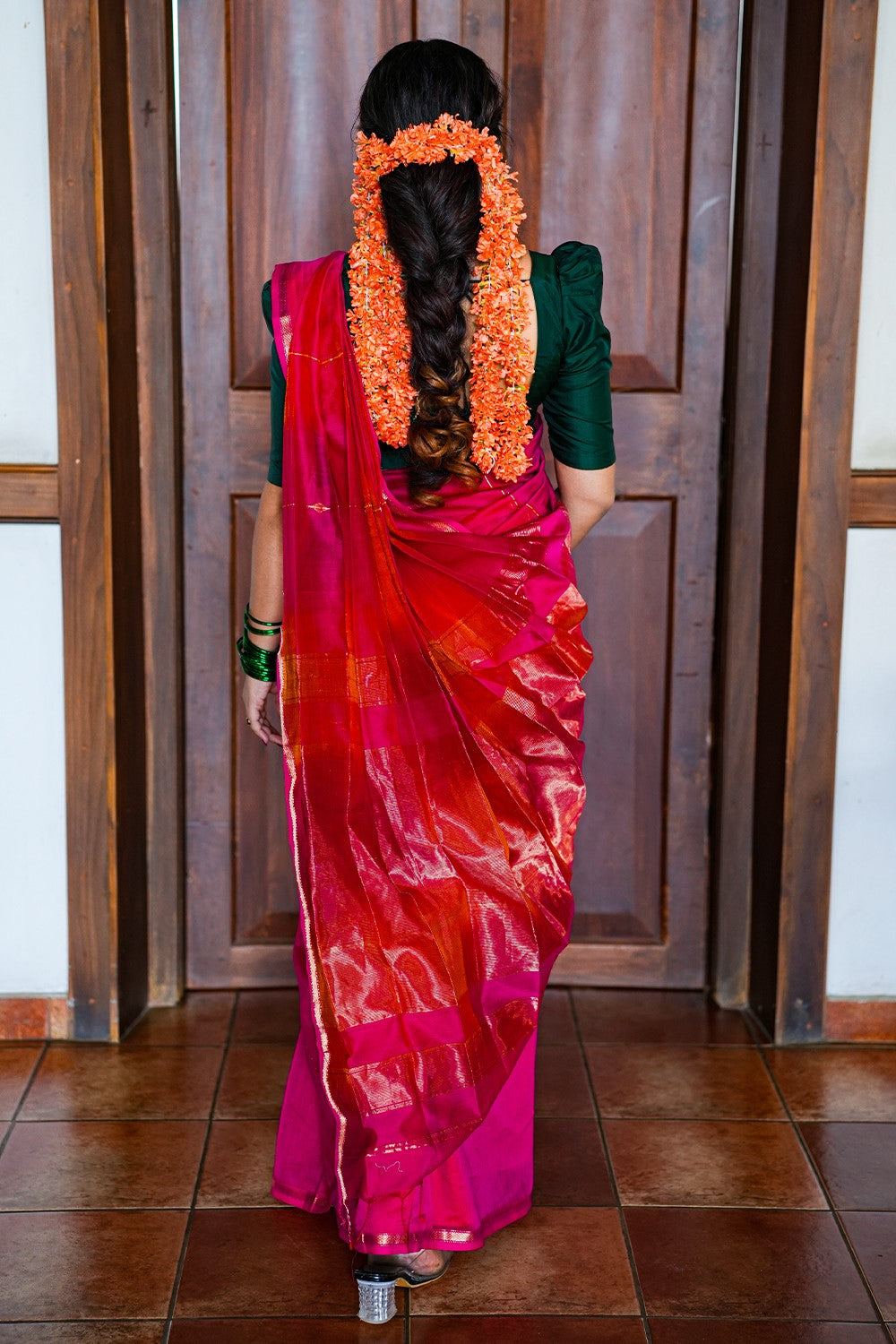 Maheswari Silk Saree Dual Shade with Zari Stripes & Diamond Buta