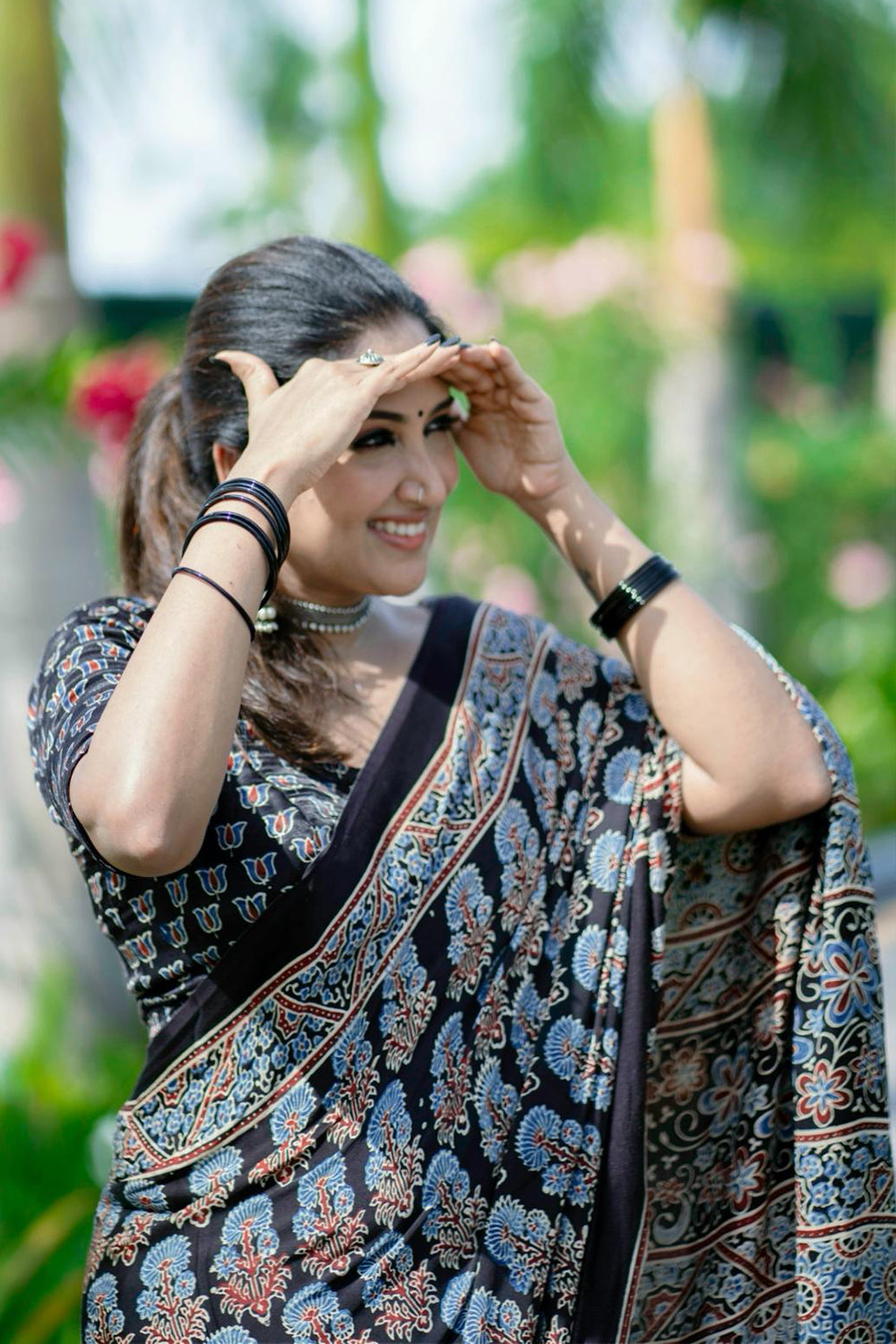 Black Ajrakh Modal Silk Saree