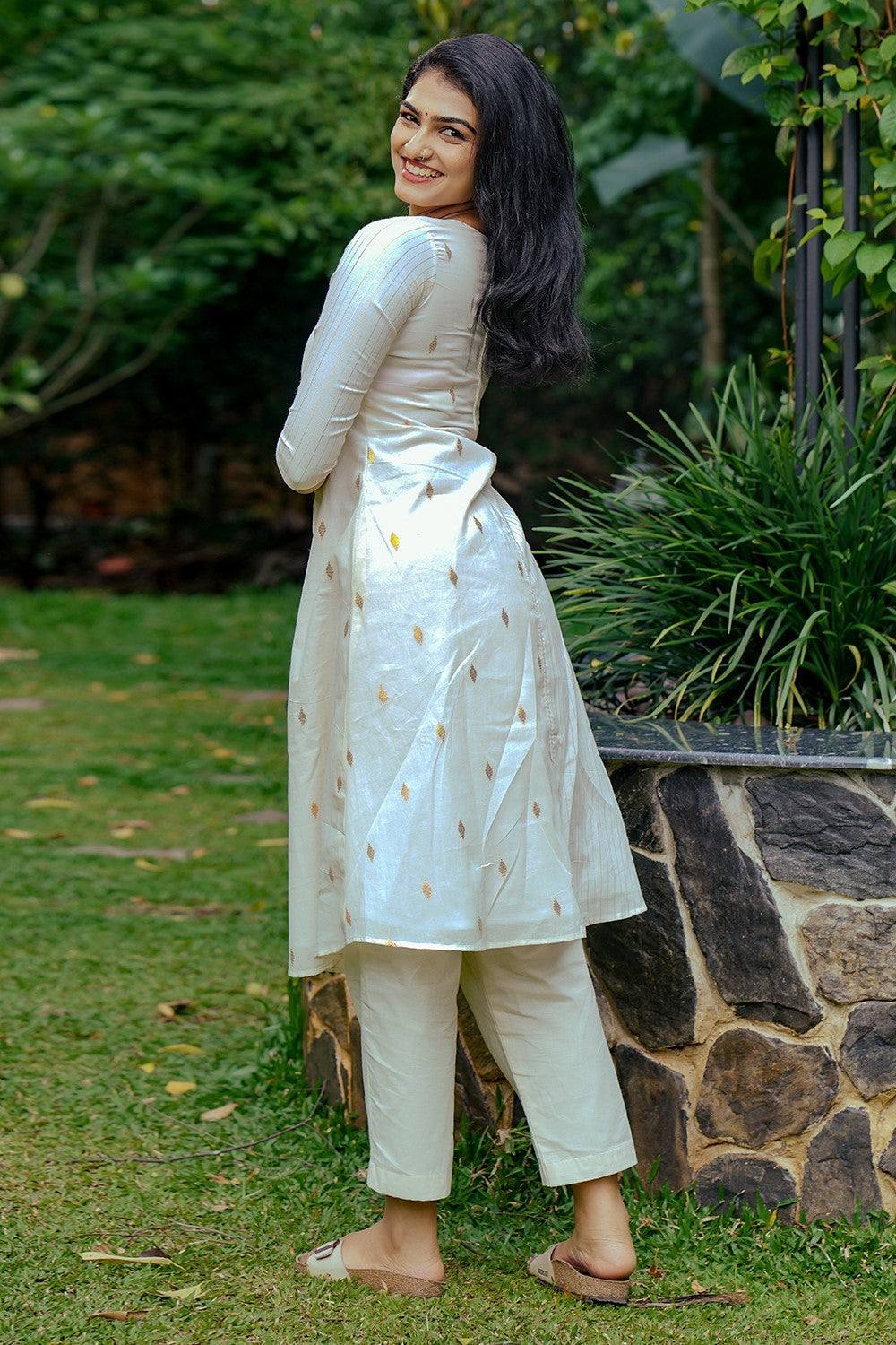 Off White Half Striped & Half Dotted Aline Kurthi