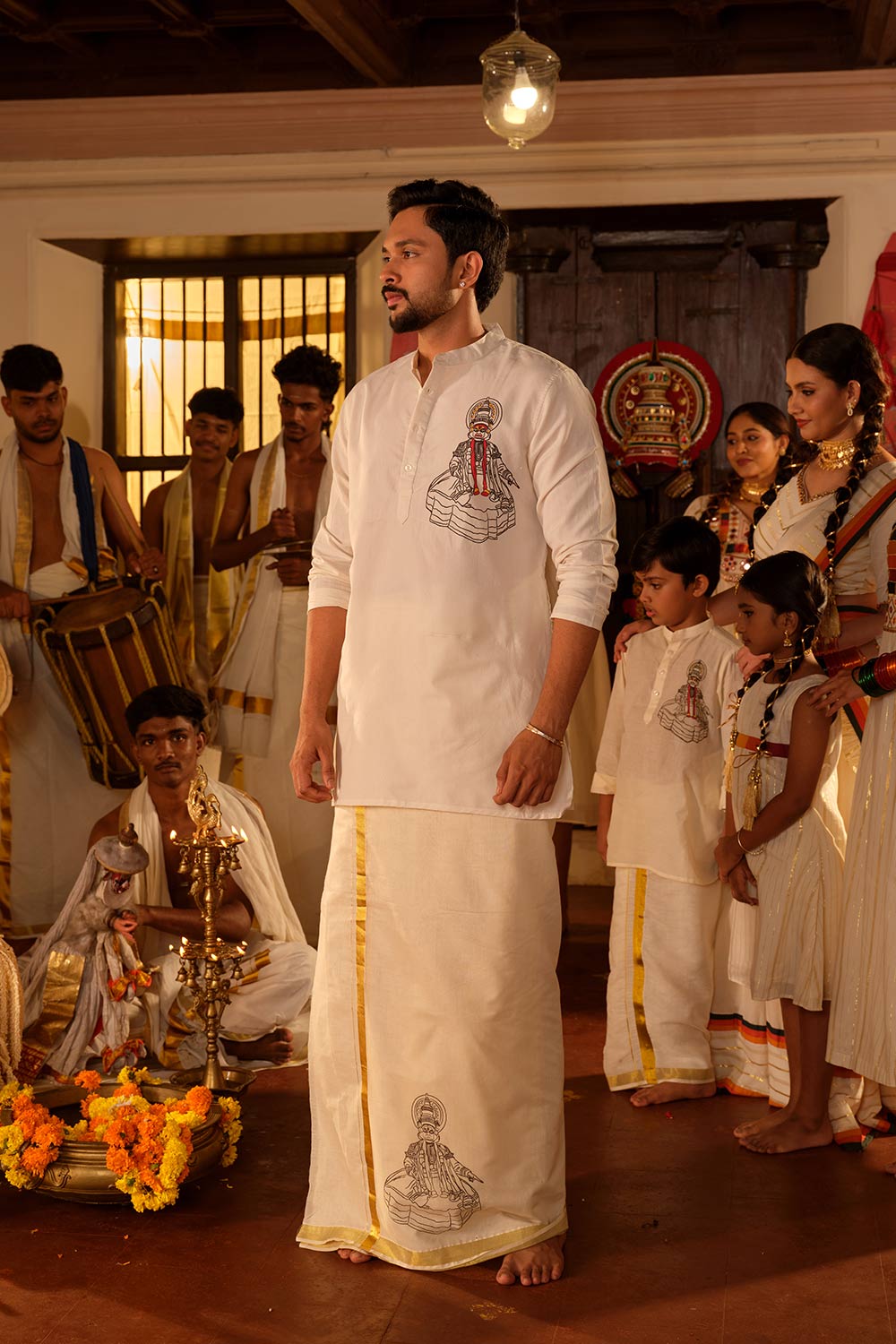 Offwhite Dhothi with Kathakali Blockprint