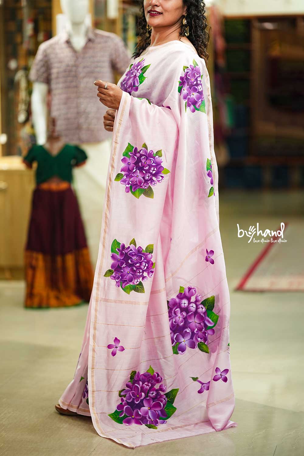 Pink Saree With Purple Hydrangea flower Handpainted