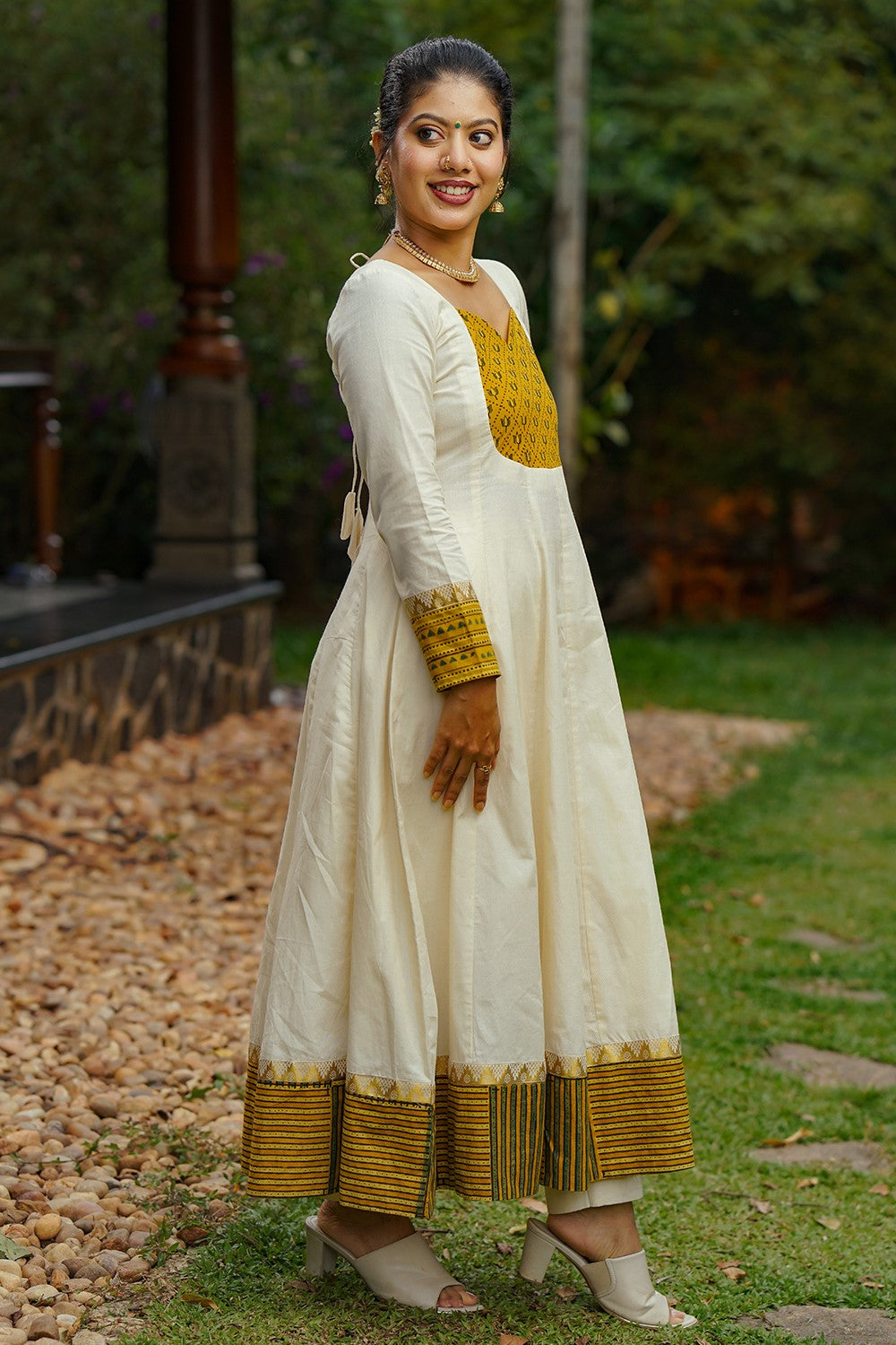 Yellow Lotus Yoke Off White Anarkali