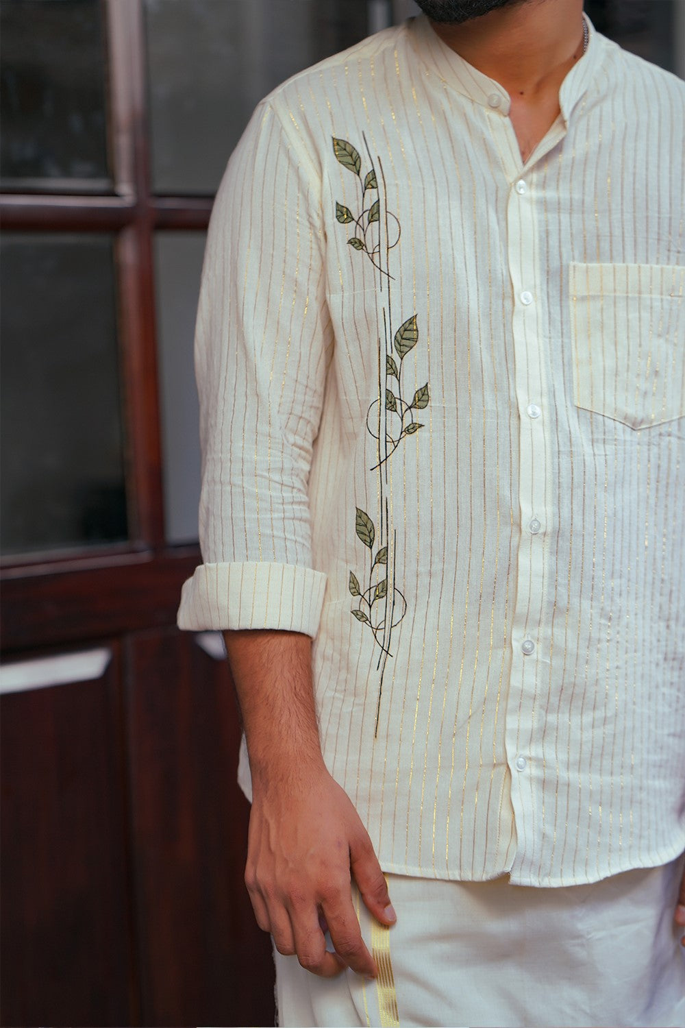 Off white Lurex Full Sleeve Shirt with Leaf Handpainted