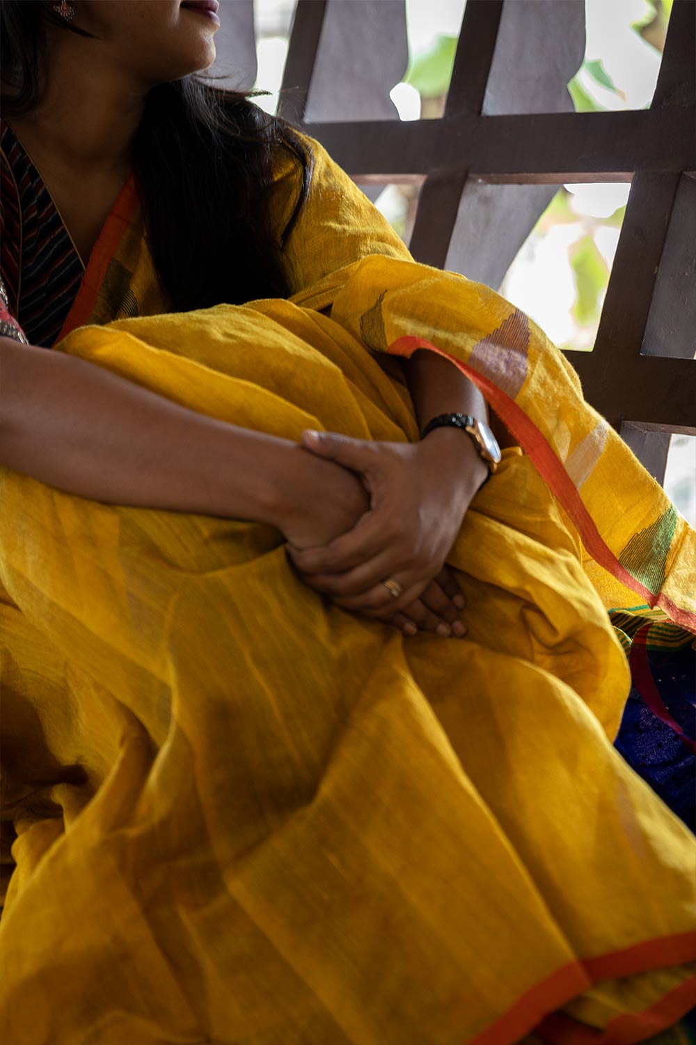 Yellow Temple Border Hand Weaved Saree