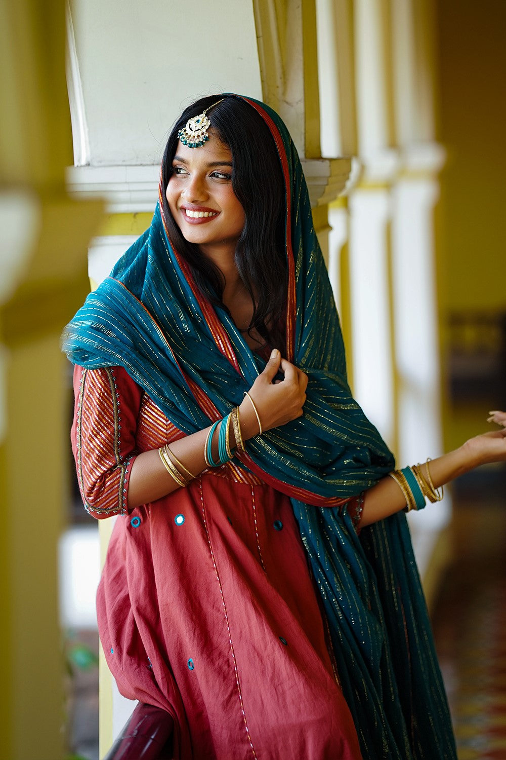 Burnt Orange Anarkali Set with Embroidery Sleeves