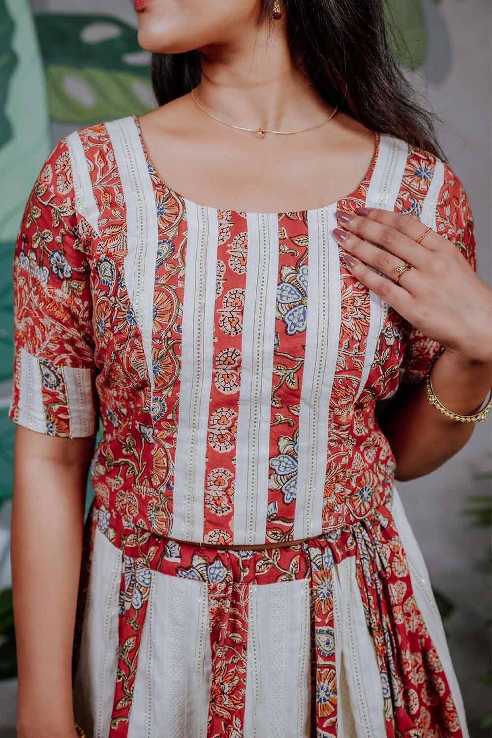 Offwhite Top & Skirt with Red Kalamkari