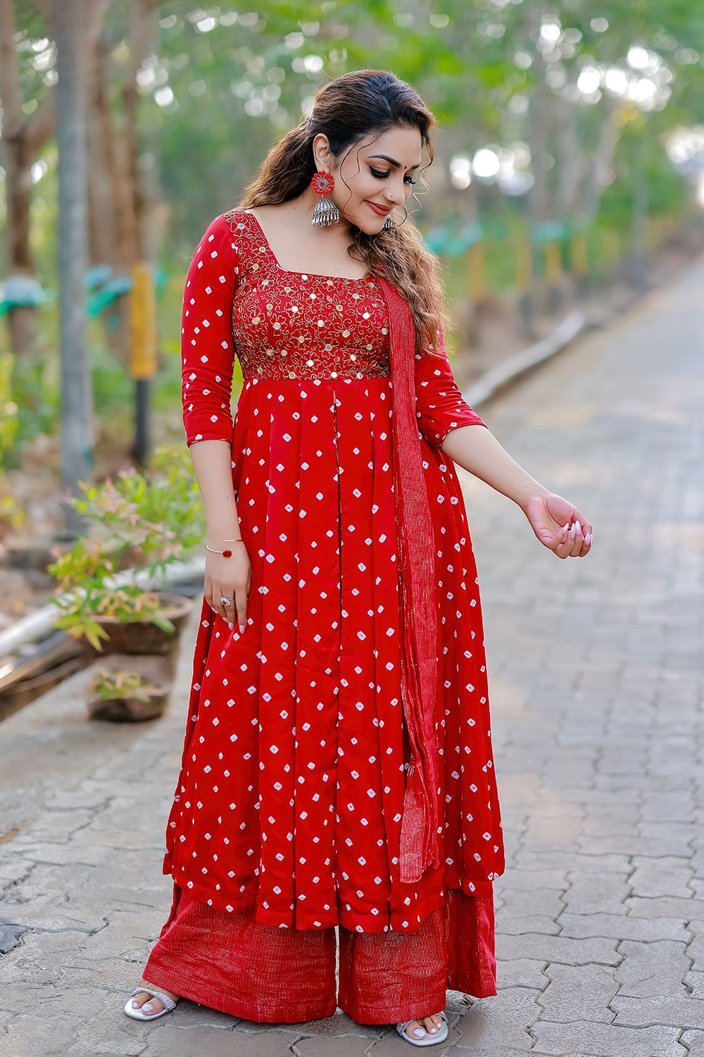 Red Modal Bandini Center Slitted Anarakali Set