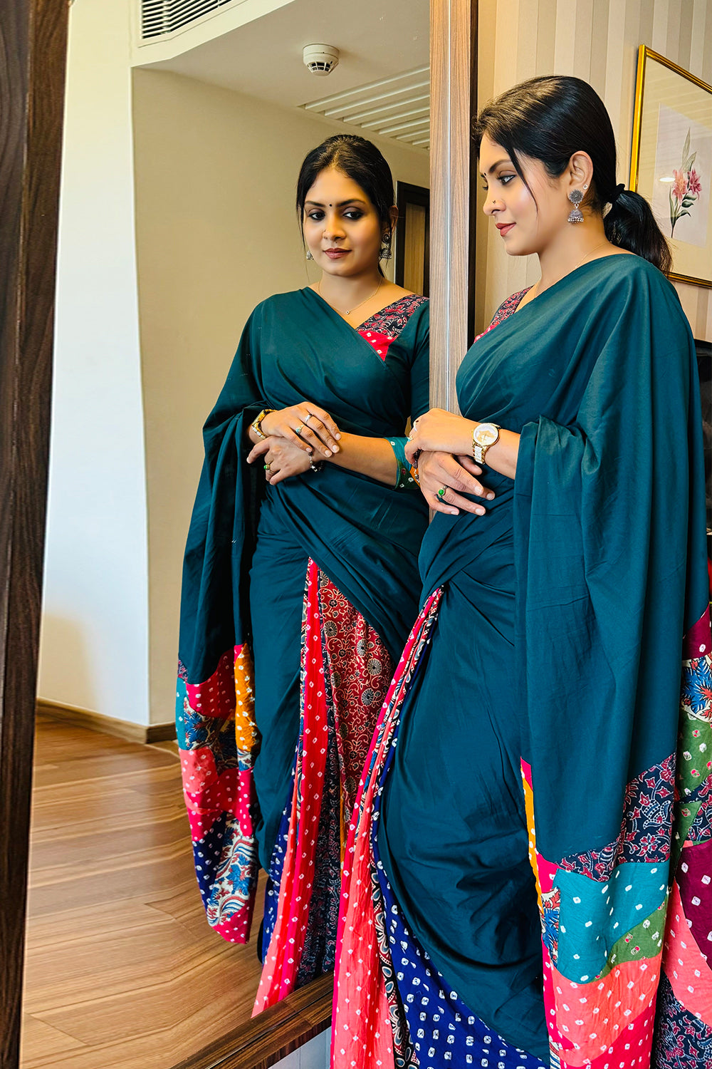 Peacock Green Mul Cotton & Bandhini Ajrakh Saree