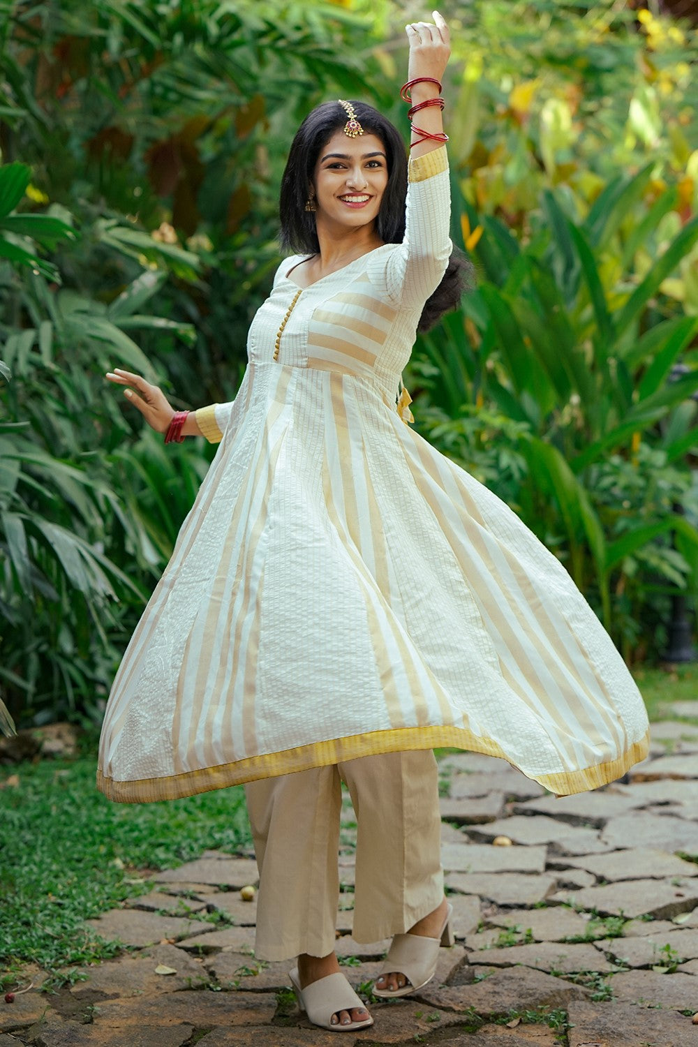 Off White Kasavu Golden Stripe Lurex Anarkali