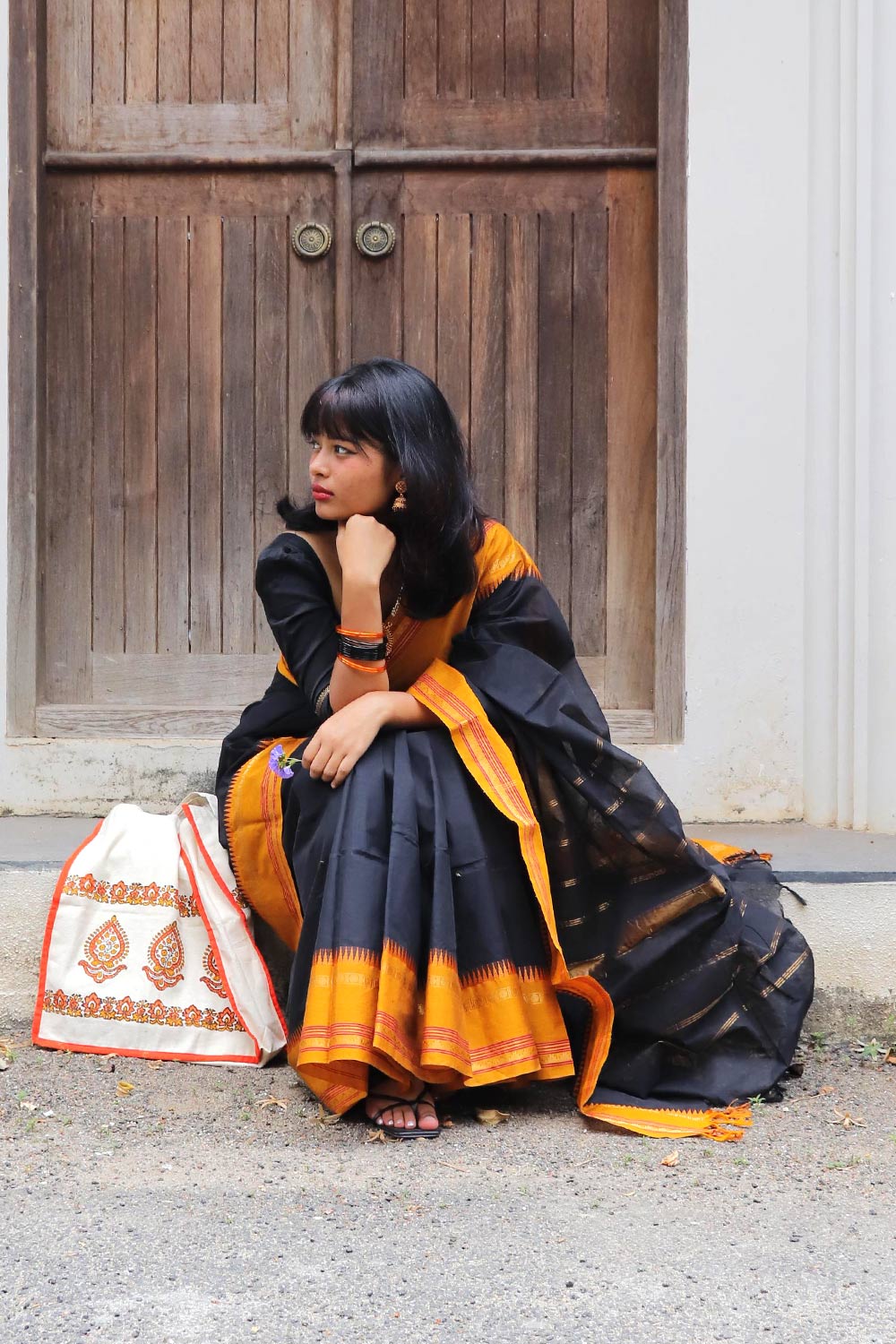 Chettinadu Black & Mustard Yellow Temple Border Saree
