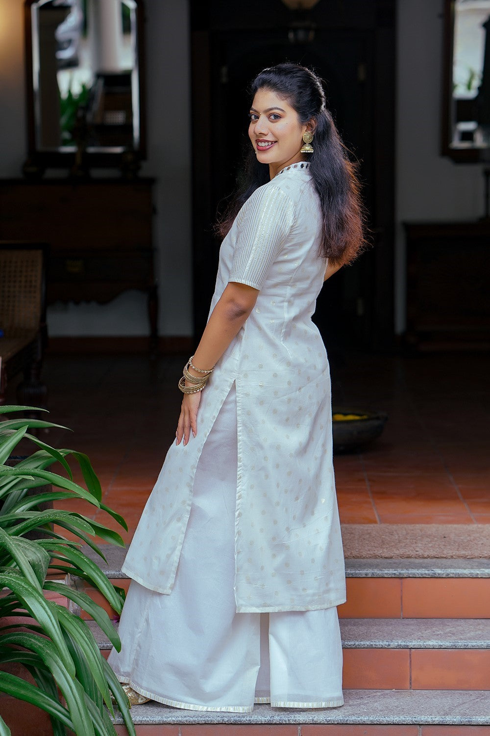 Off White Side Slitted Kurthi with Golden Butta
