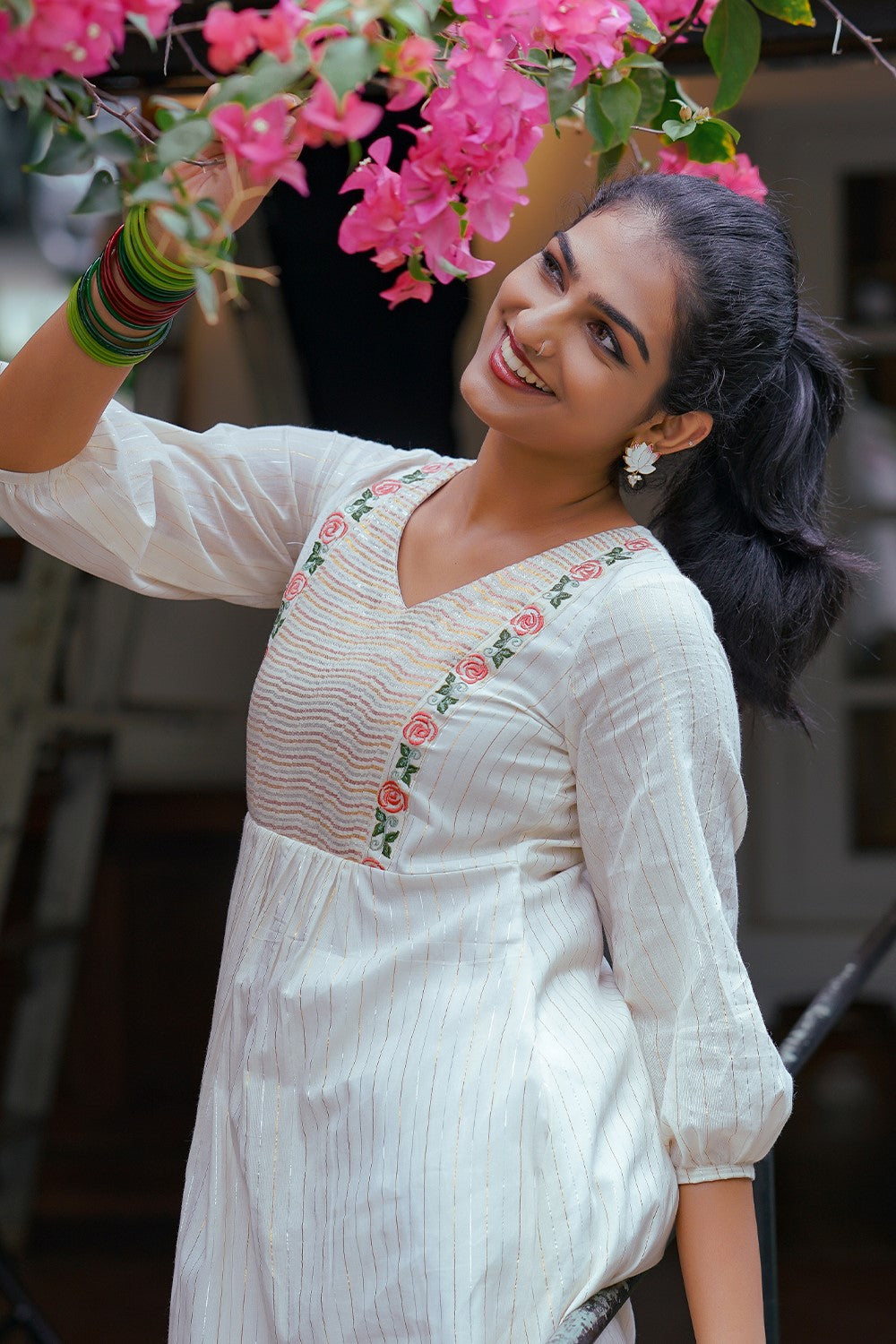 Off white A line Pleated Kurthi with Rose Embroidery Yoke