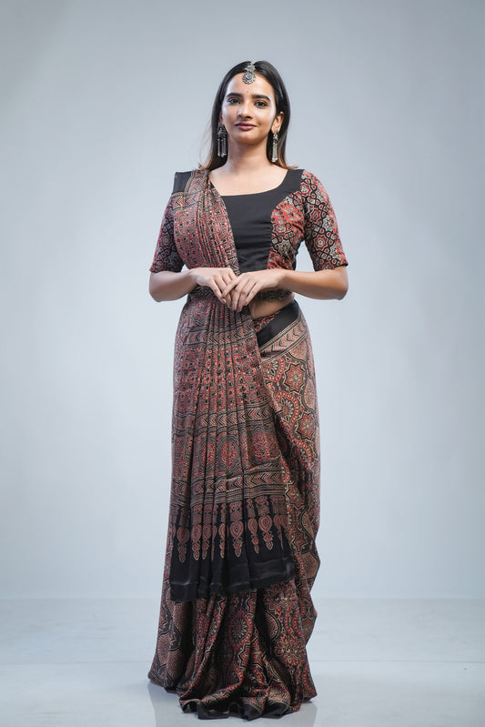Ajrakh Printed Modal Silk Big Maroon Floral Printed Saree