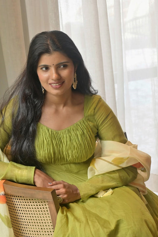 Green Mul Chanderi Umbrella cut Dress