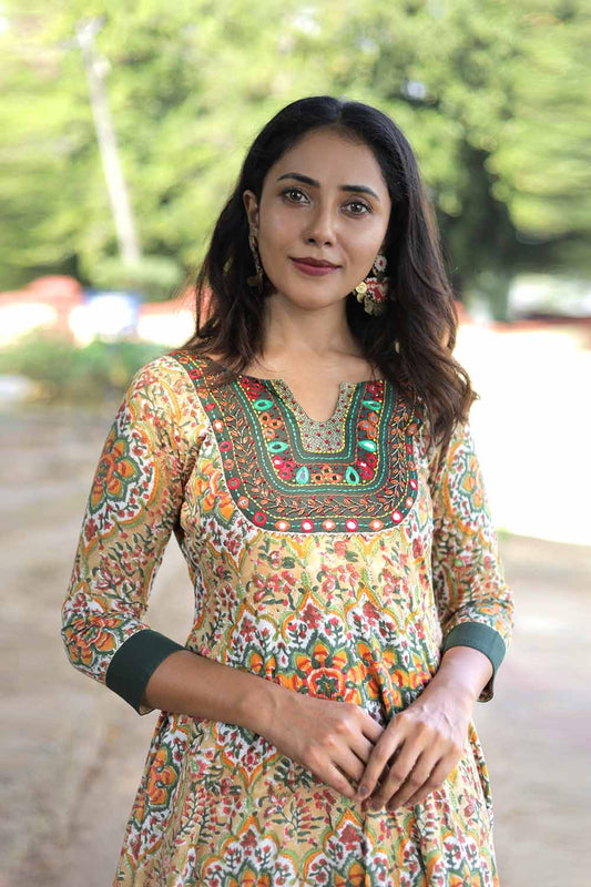 Pastel Sanganeri Anarkali with Embroidered Yoke