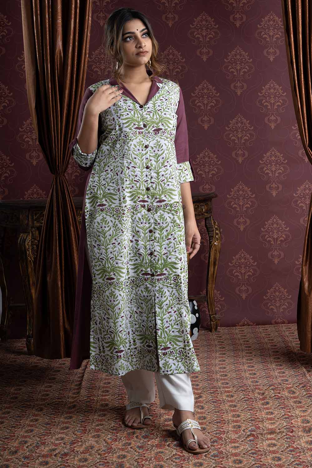 Purple Handloom Kurti with Floral Printed Shirt Front