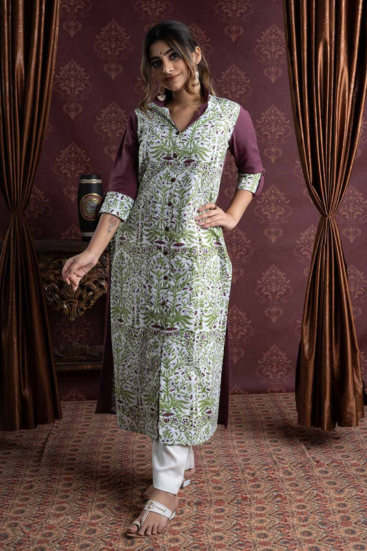 Purple Handloom Kurti with Floral Printed Shirt Front
