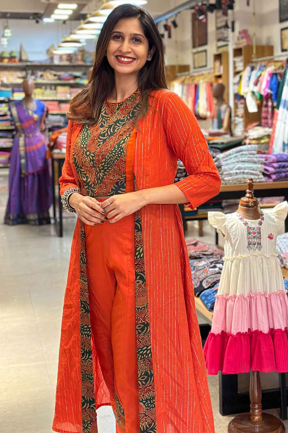 Orange 3 Piece Co-Ord Set with Green Ajrakh Patch