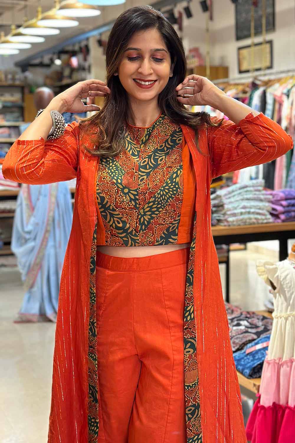 Orange 3 Piece Co-Ord Set with Green Ajrakh Patch