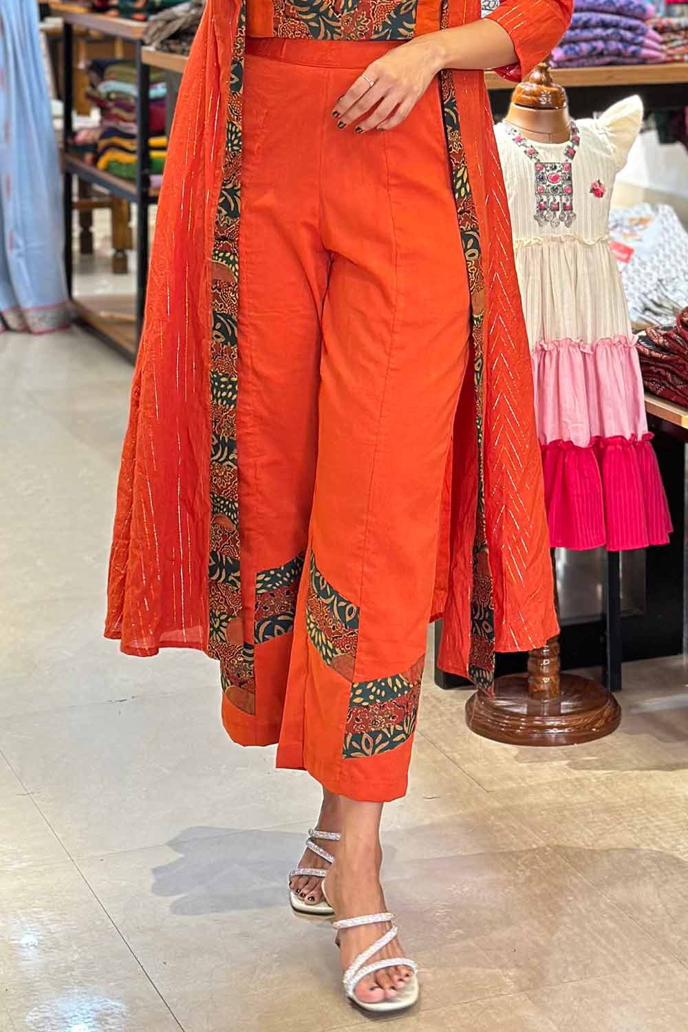 Orange 3 Piece Co-Ord Set with Green Ajrakh Patch