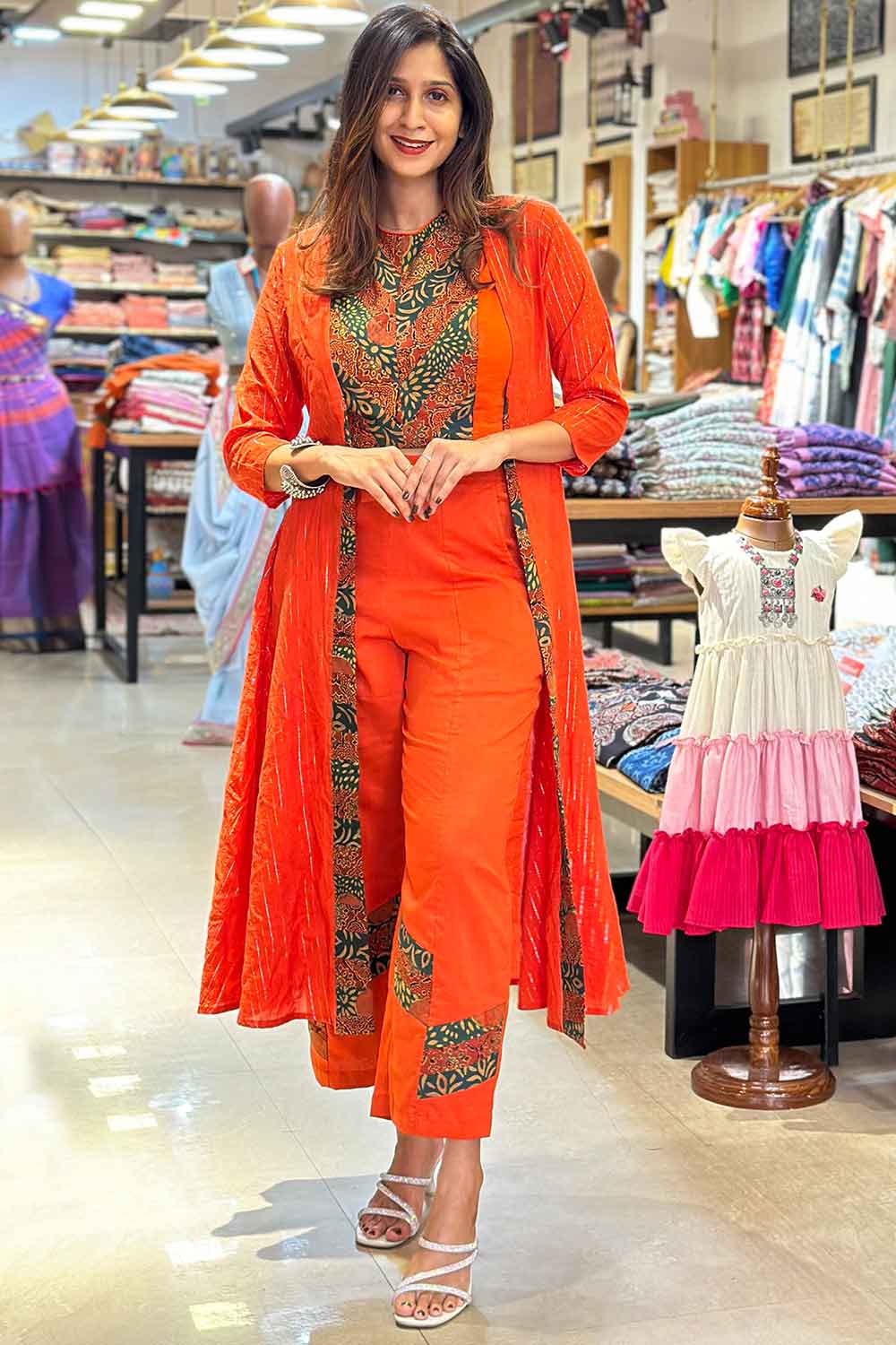 Orange 3 Piece Co-Ord Set with Green Ajrakh Patch