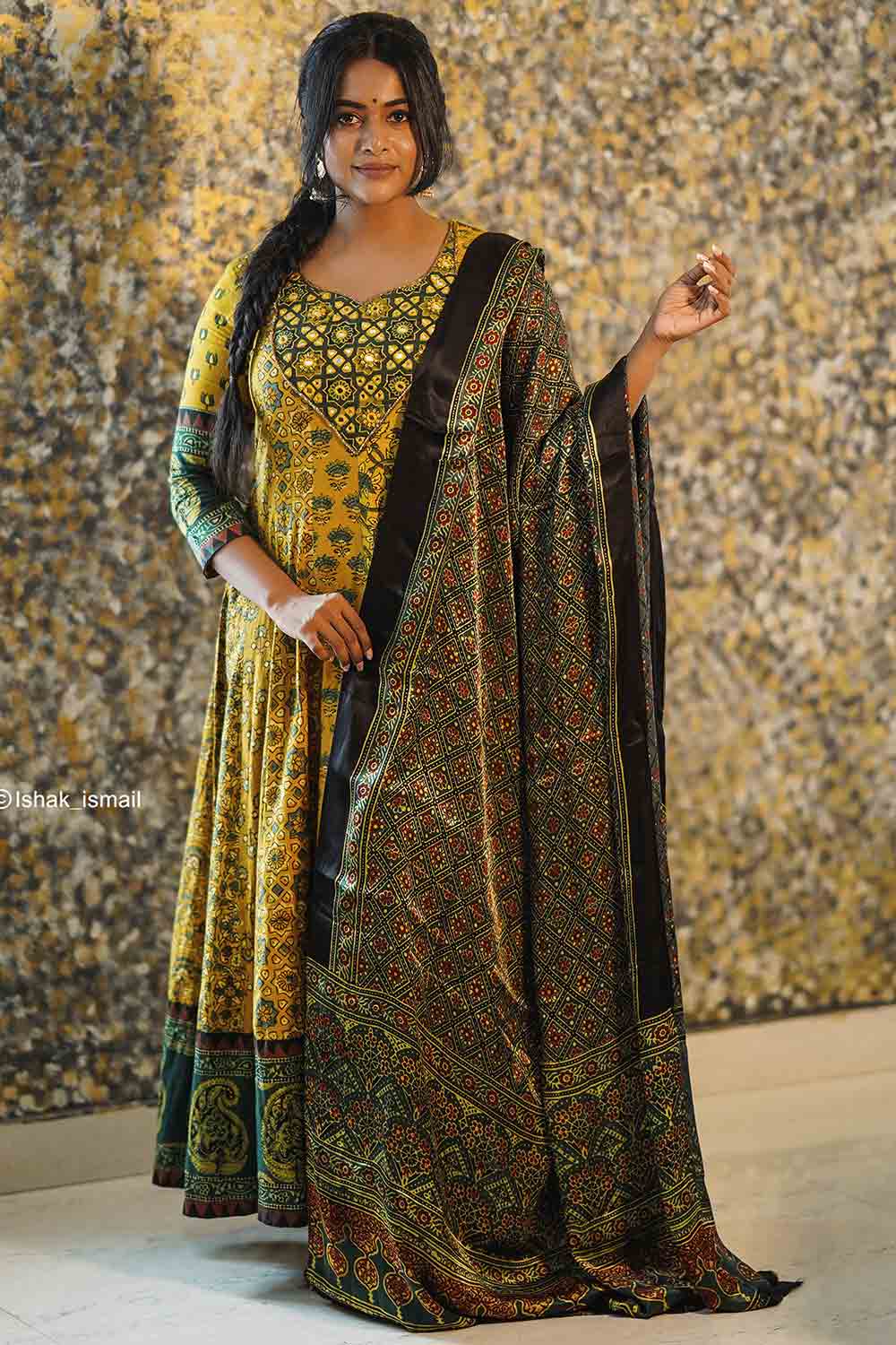 Yellow & Green Ajrakh Anarkali with Paisley Border
