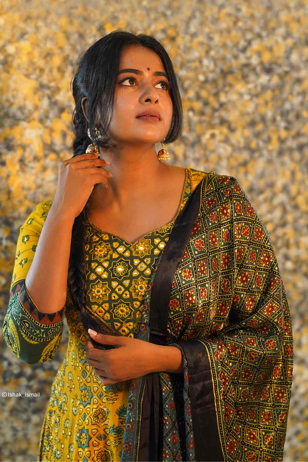Yellow & Green Ajrakh Anarkali with Paisley Border