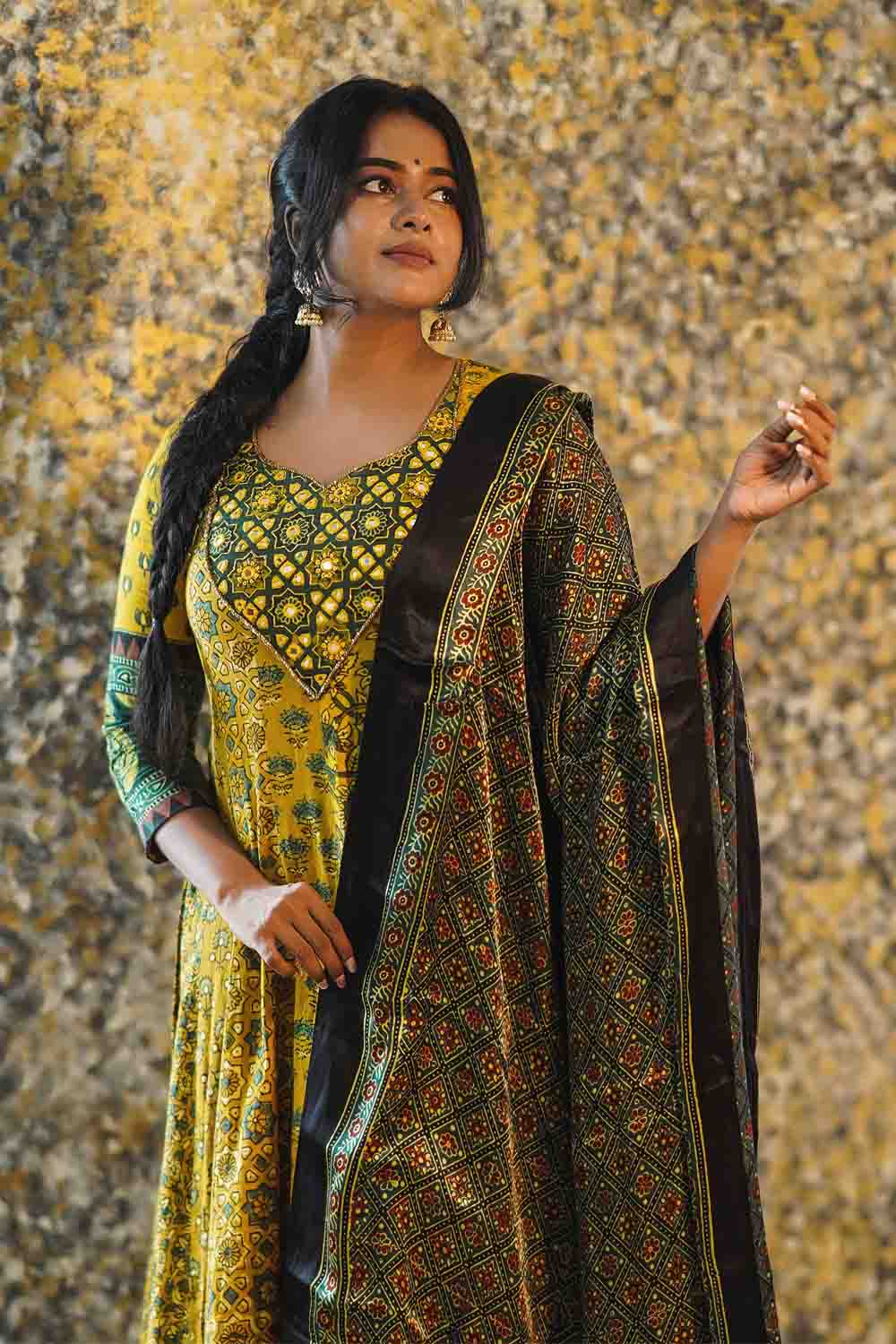 Yellow & Green Ajrakh Anarkali with Paisley Border
