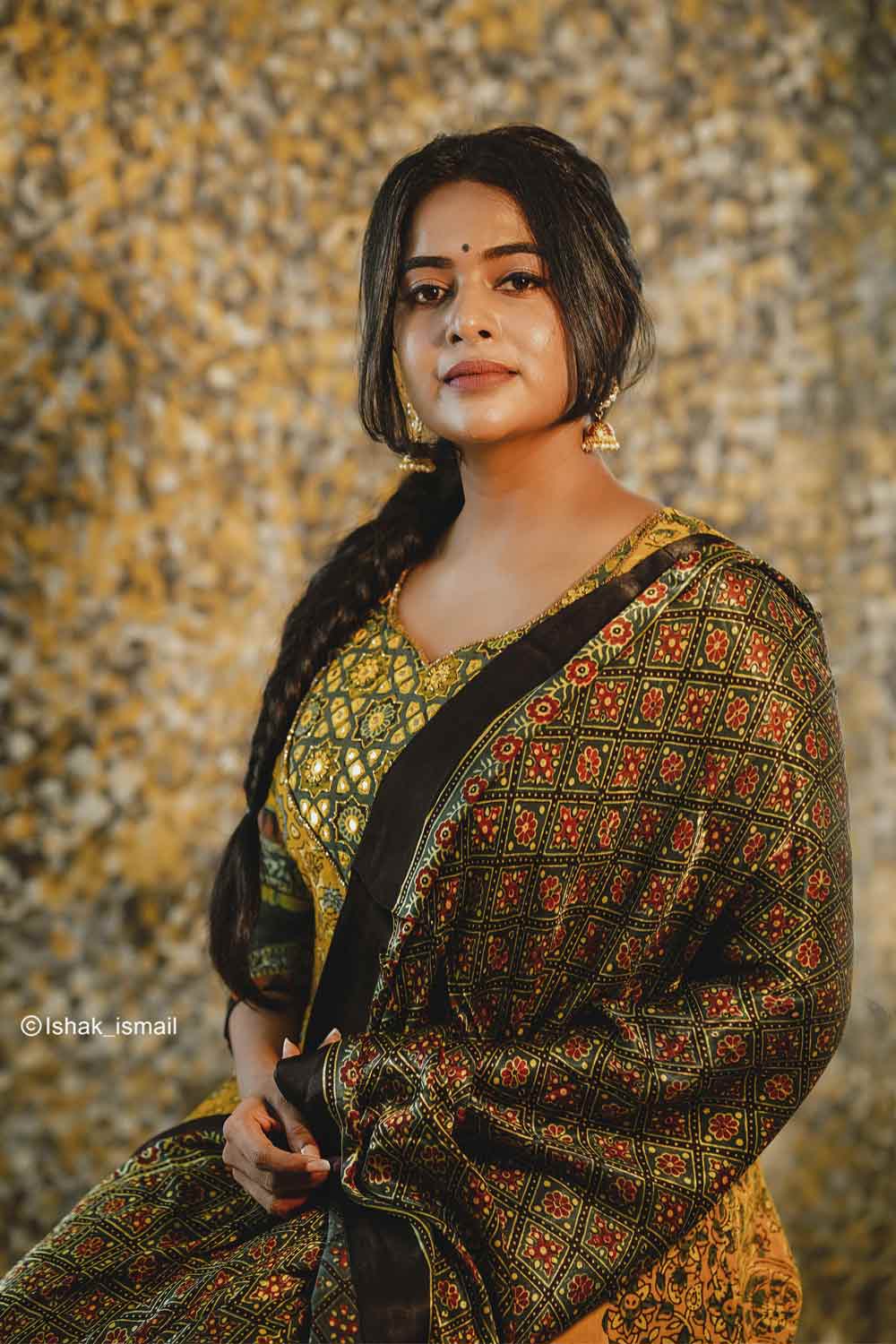 Yellow & Green Ajrakh Anarkali with Paisley Border