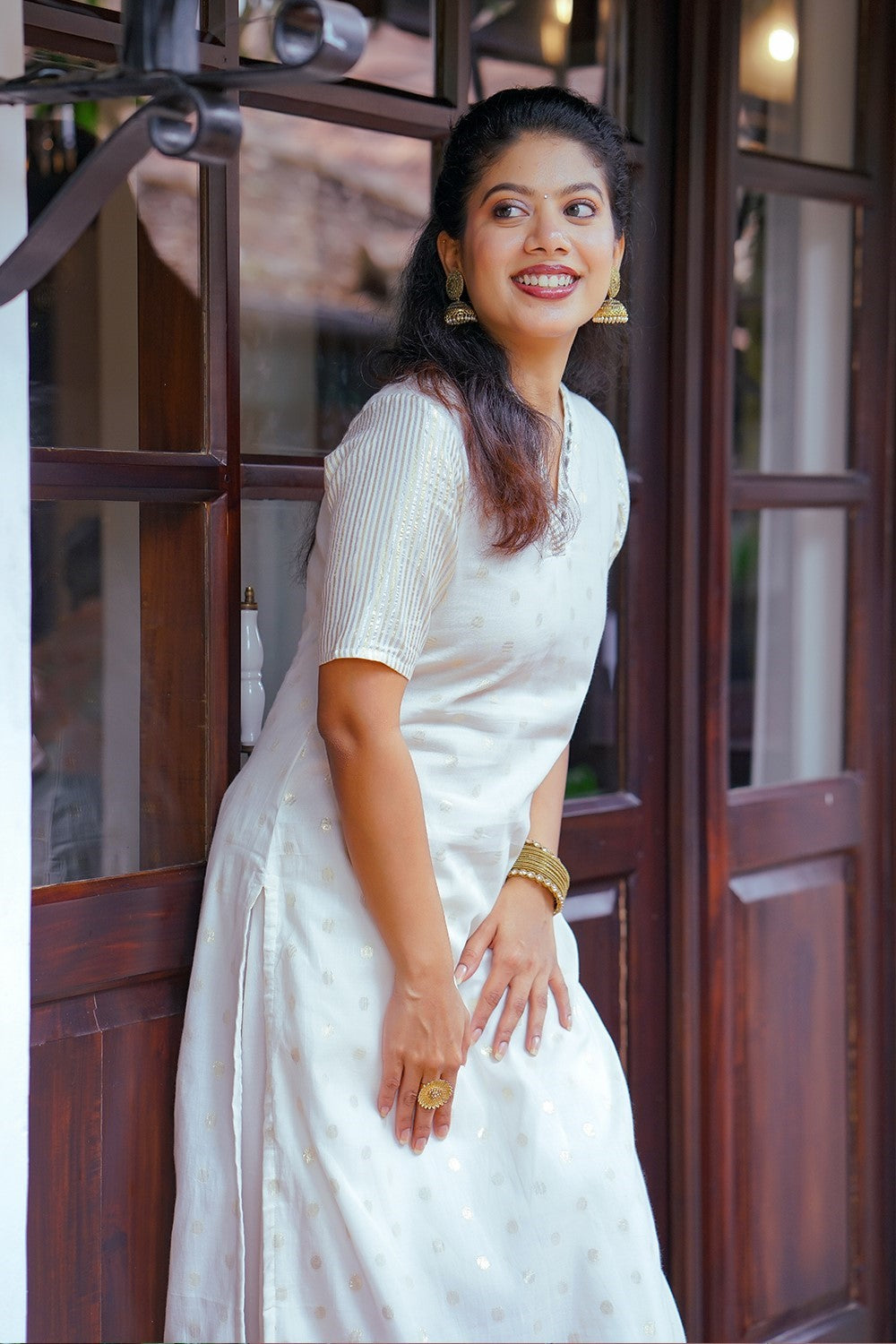 Off White Side Slitted Kurthi with Golden Butta