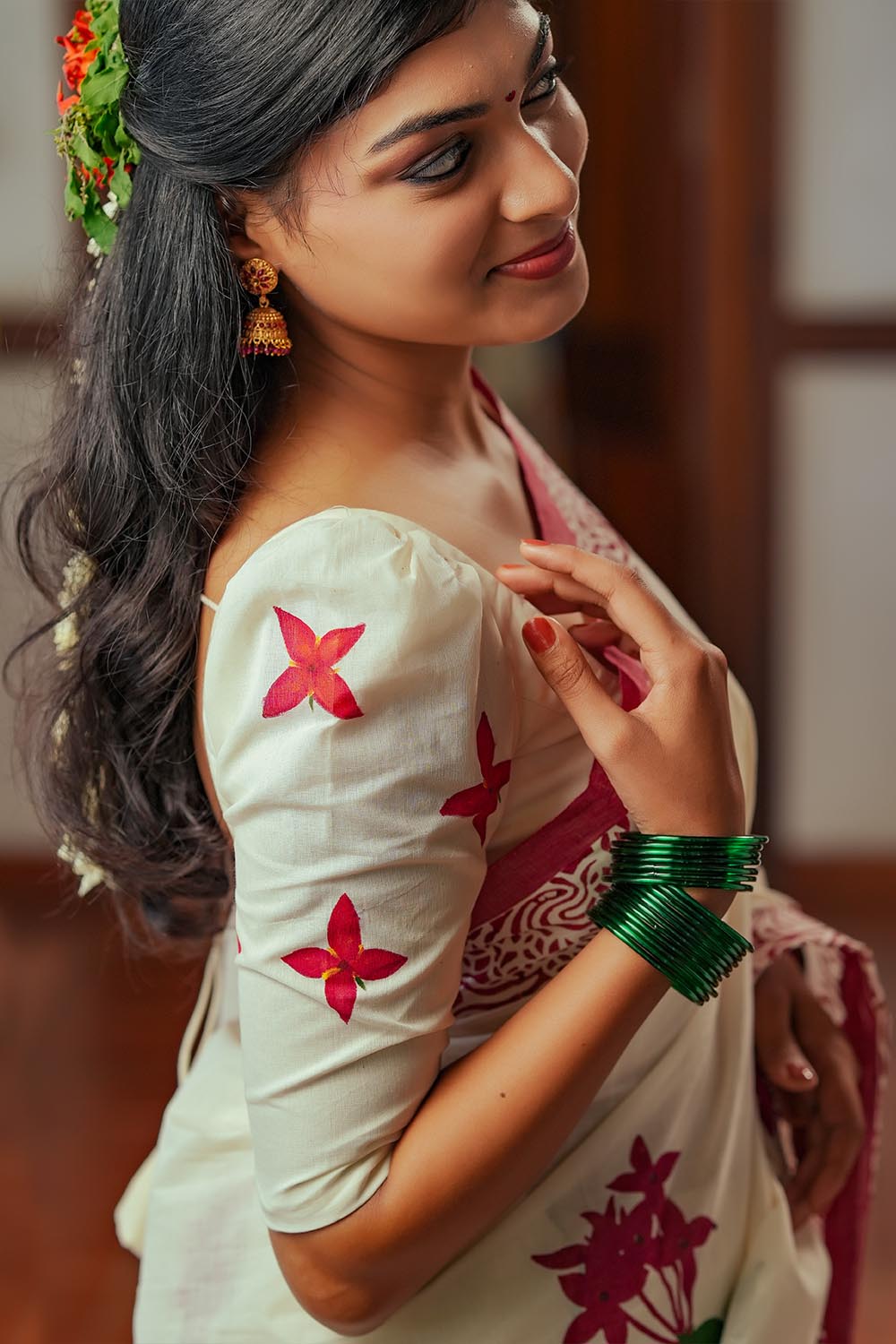 Off white set saree with Handblocked Chethipoov