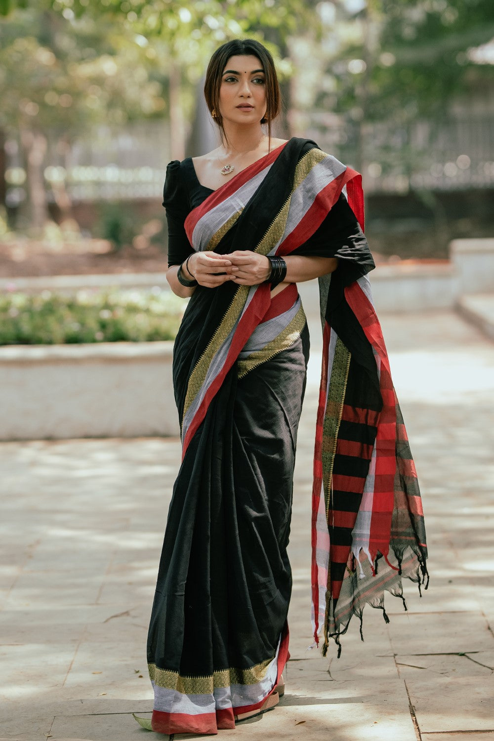 Narayanpet Black Saree with Red & Grey Borders