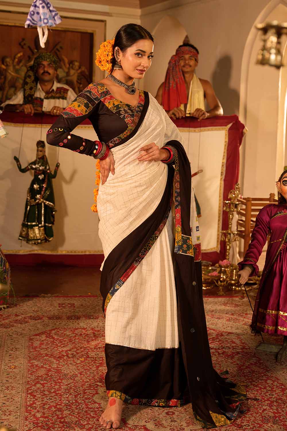 Golden Check Zari Saree With Black & Ajrak Multi Patch
